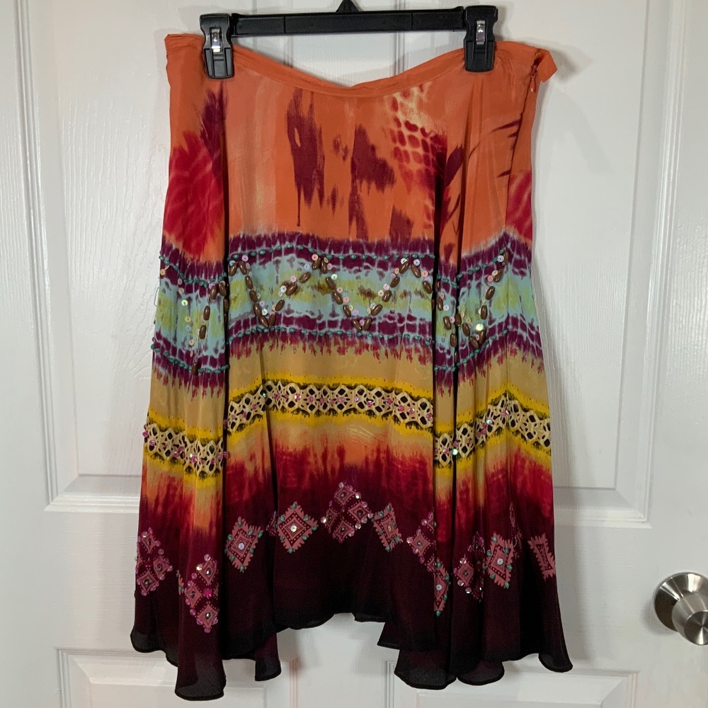 Vintage Silk Beaded Boho Hippie Gypsy Festival Colorful Skirt Size Large